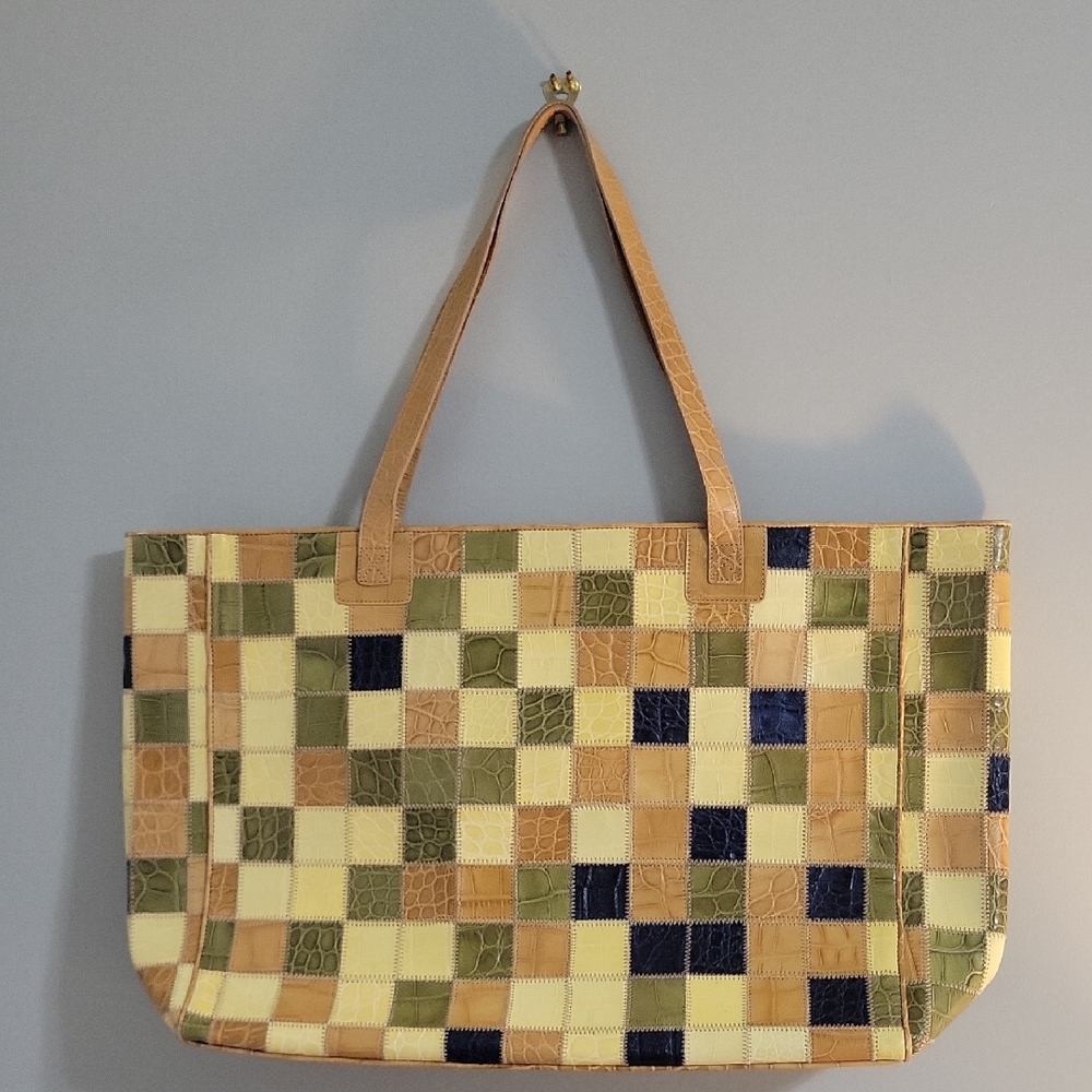 Earthy Patchwork Tote Bag with Leather Straps
